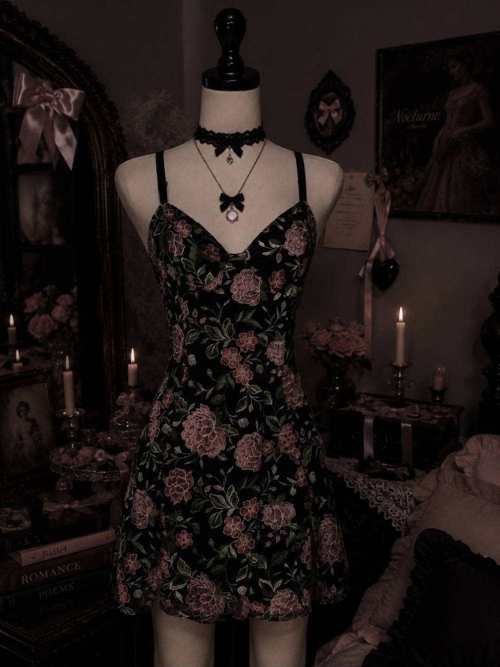 Guess Black Mini Dress with Pink Floral Print Dark Coquette